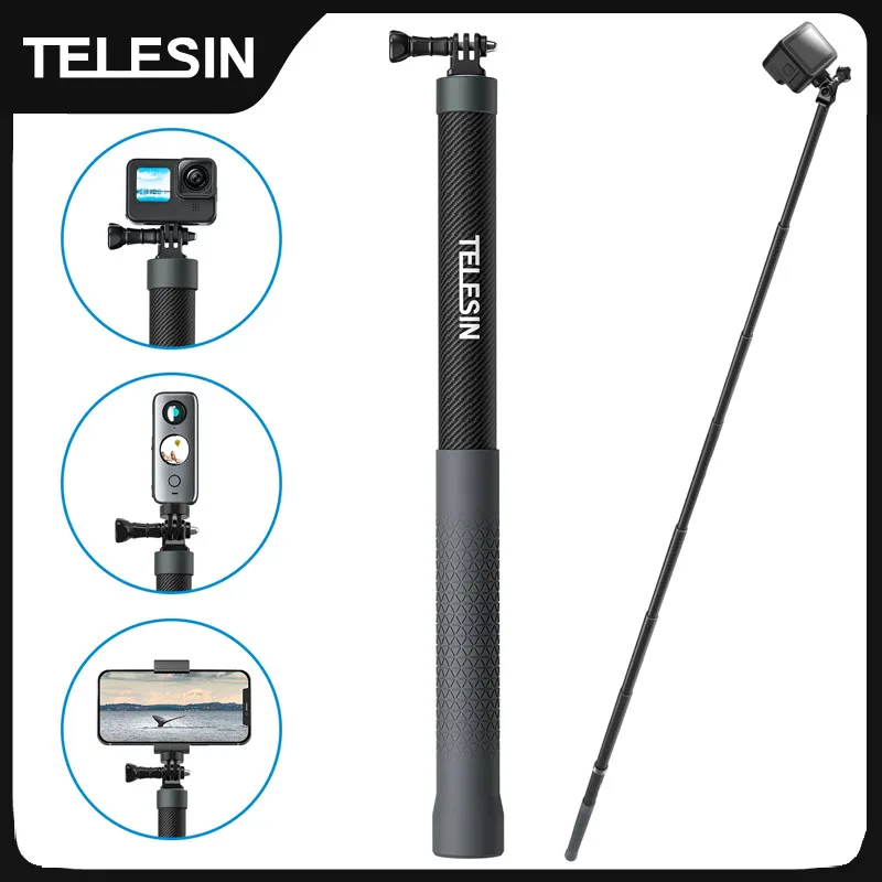 TELESIN 1.2M 3M 탄소 섬유 셀카 스틱 모노포드 GoPro Insta360 Osmo 액션 DJI 액션 카메라용 1/4 나사로 확장 가능