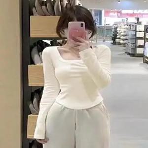 플리스 안감 긴팔 반팔 티셔츠 여성용 스위트 스타일 U넥 슬림핏 베이스 셔츠 가을 겨울 따뜻한 패션 탑