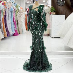 우아한 녹색 레이스 이브닝 원피스 실버 비즈, 크리스탈 인어 정장 가운, 긴팔 무도회 드레스, 맞춤형 결혼식