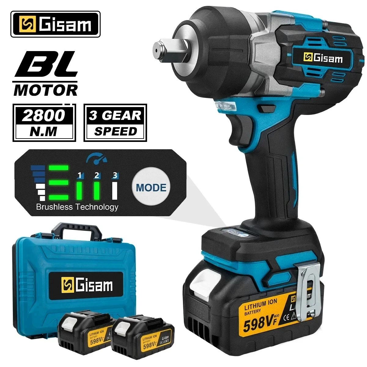 Gisam 2800N.M 브러시리스 전기 렌치 Makita 18V 배터리 핀용 1/2 인치 무선 임팩트 렌치 Electirc 스크루 드라이버 드릴