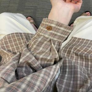 한국 스타일 순면 체크 셔츠 여성 이너웨어 레이어드 루즈핏 살보정 슬리밍 오픈 가디건 긴팔 출근룩 상의