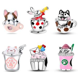 925 스털링 실버 참 비즈 포커 찻잔 토끼 강아지 및 커피잔 펜던트 비즈 오리지널 팔찌에 맞는 고급 DIY 쥬얼리