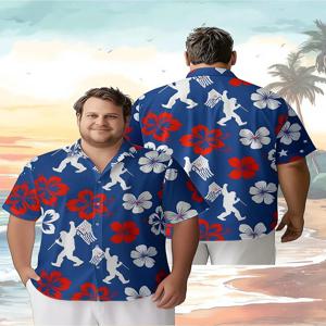 남성용 플러스 사이즈 하와이안 셔츠 사스콰치, 미국 국기 및 히비스커스 꽃 패턴, 야외 파티용 캐주얼 탑, 스트리트웨어