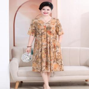 플러스 사이즈 아이스 실크 드레스 여름 유행 임부복 (어르신들을 위한 배 가리개 미디 기장 V넥 폴리에스터 섬유)