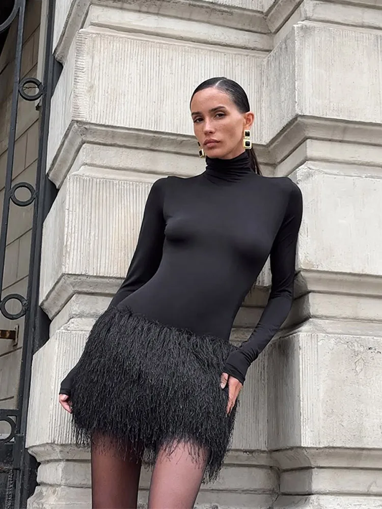 여성 솔리드 태슬 블레이저 미니 드레스 하이넥 긴팔 슬림핏 숏 스커트 2025 신상 여름 파티 패션 여성 의류