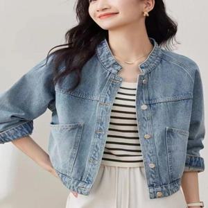 레트로 스타일 스탠드 칼라 데님 재킷 가을 겨울 워싱 롱 슬리브 숏 여성용 스몰 사이즈 탑 포켓 손수건