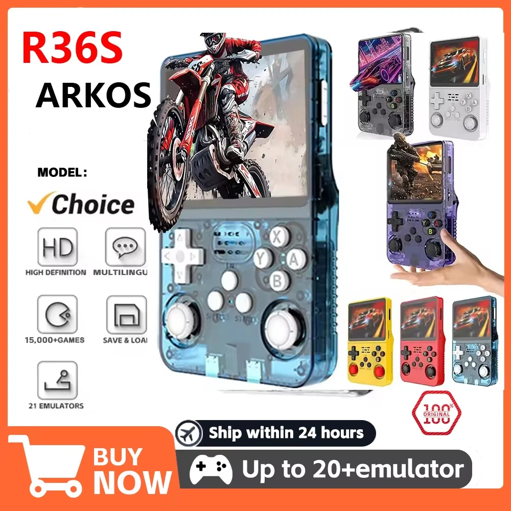 R36S 레트로 휴대용 비디오 게임 콘솔 리눅스 시스템 3.5인치 IPS 다양한 색상 사용 가능 화면 휴대용 플레이어 64GB 게임