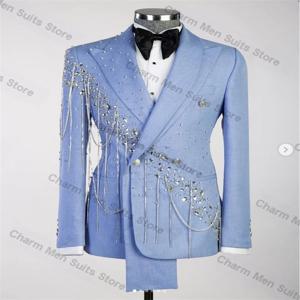 크리스탈 블루 남자 정장 바지 세트 2 Pcs 구슬 블레이저 + 바지 맞춤형 신랑 웨딩 턱시도 코튼 공식 오피스 댄스 파티 자켓