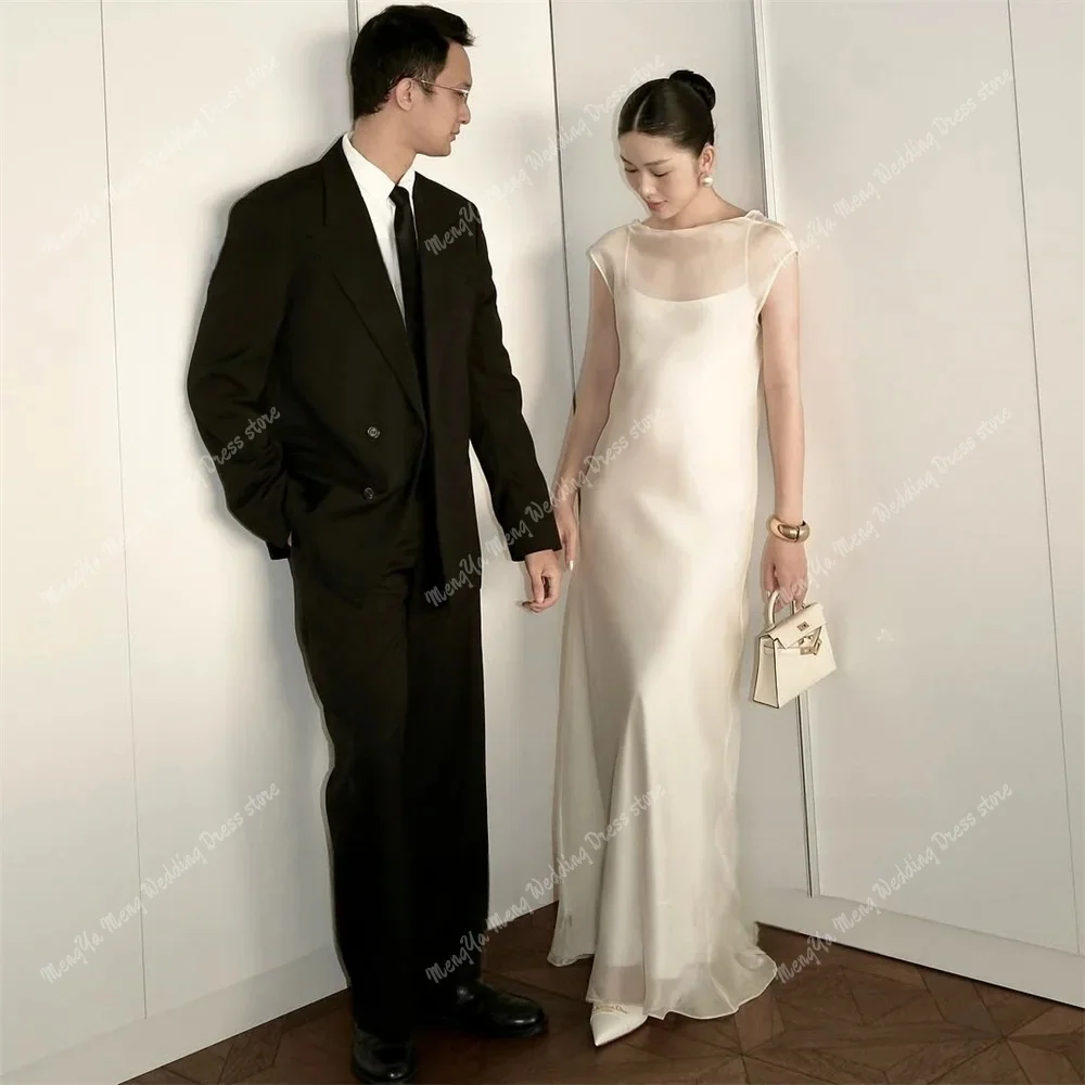 우아한 머메이드 오픈 백 웨딩드레스 O넥 오간자 슬리브리스 플로어 기장 브라이덜 가운 한국 촬영 맞춤 제작 2025