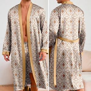 새로운 남성 긴 잠옷 & 가운 세트 봄 여름 얼음 실크 잠옷 세트 잠옷 루즈 캐주얼 홈 의류 Nightwear 남성 Loungewear