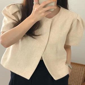 시크한 봄 여름 루즈핏 반팔 라운드넥 오픈 가디건 여성 셔츠 심플 엘레강스 버블 슬리브 스트레이트 컷 슈트