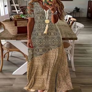 플러스 사이즈 유럽 및 미국 크로스보더 여름 신상 핫세일 V넥 컷아웃 보헤미안 패션 프린트 롱 원피스