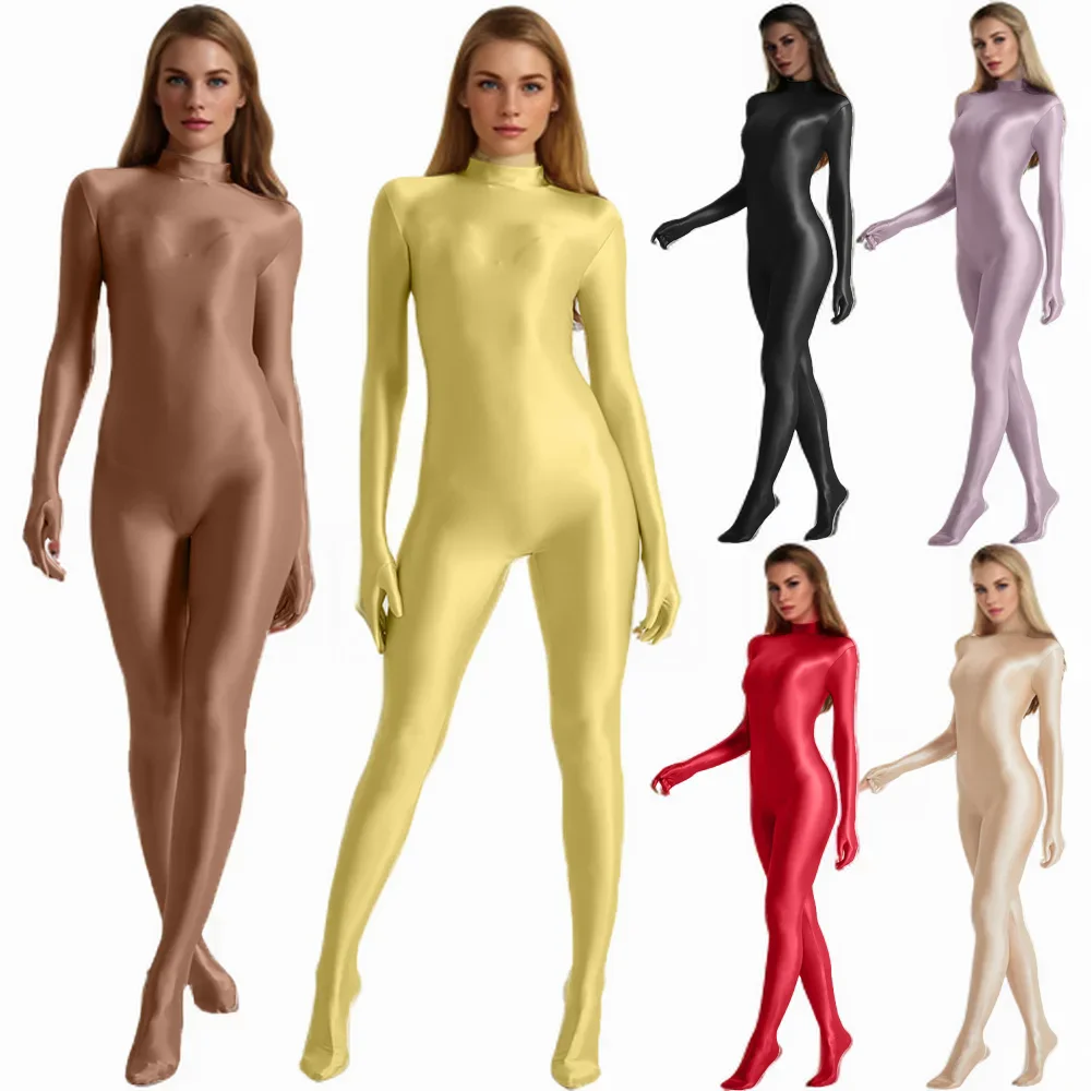 여성 오일 스트레치 하이 넥 Bodycon 원피스 점프 슈트 긴 소매 장갑 Zentai 오버올 요가 피트니스 코스프레 의상 바디 슈트