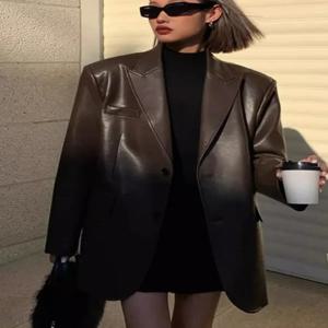 2025 브라운/블랙 소프트 PU 가죽 여성 자켓 오토바이 롱 슬리브 싱글 버튼 캐주얼 코트 가을 하이 스트리트웨어