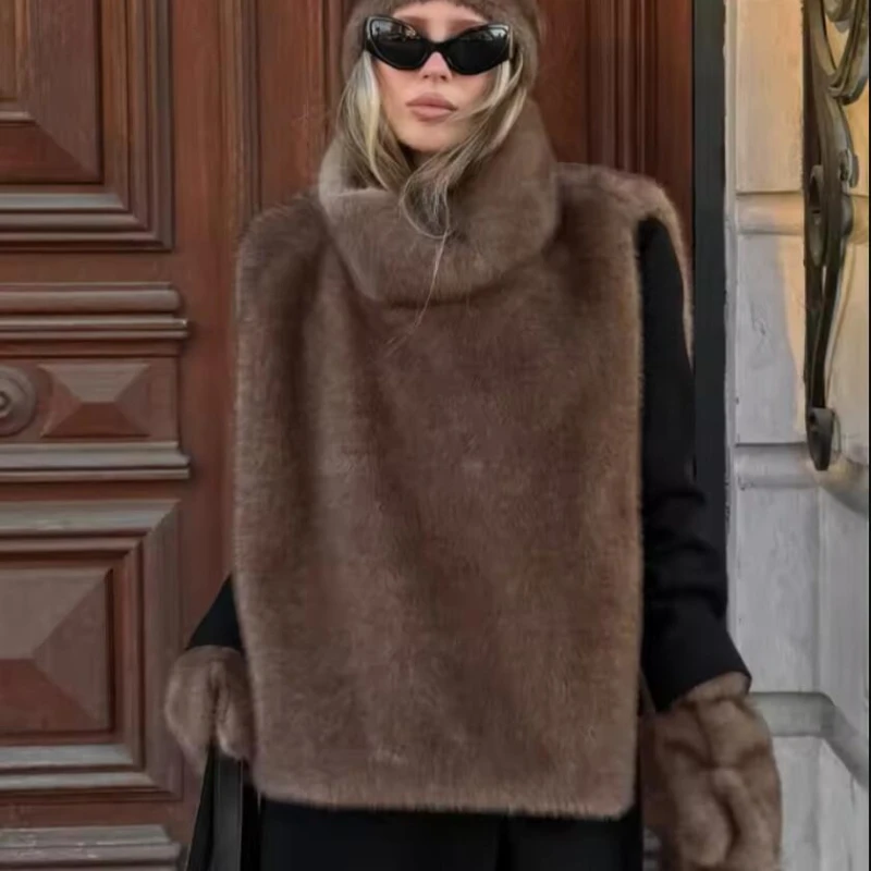 가을 겨울 터틀넥 에코 밍크 퍼 탱크탑 민소매 재킷 코트 신상 패션 인조 모피 세이블 조끼 크롭탑