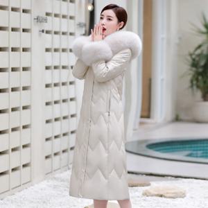 진짜 여우 모피 칼라 따뜻한 다운 재킷 정품 가죽 여성 겨울 코트 양피 긴 여성 아웃웨어 재킷