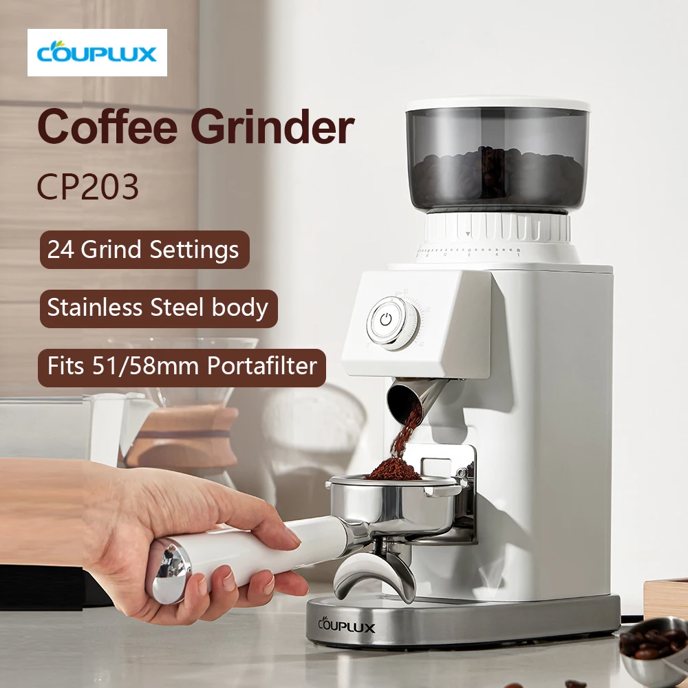 24가지 정밀 분쇄 설정이 포함된 포터필터 홀더가 포함된 Couplux 커피 그라인더 에스프레소 드립 여과기 프렌치 프레스(220V)