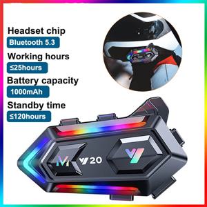 Y20 오토바이 헬멧 블루투스 헤드셋 BT5.3 핸즈프리 통화 무선 소음 감소 RGB 라이트가 장착된 방수 헤드폰