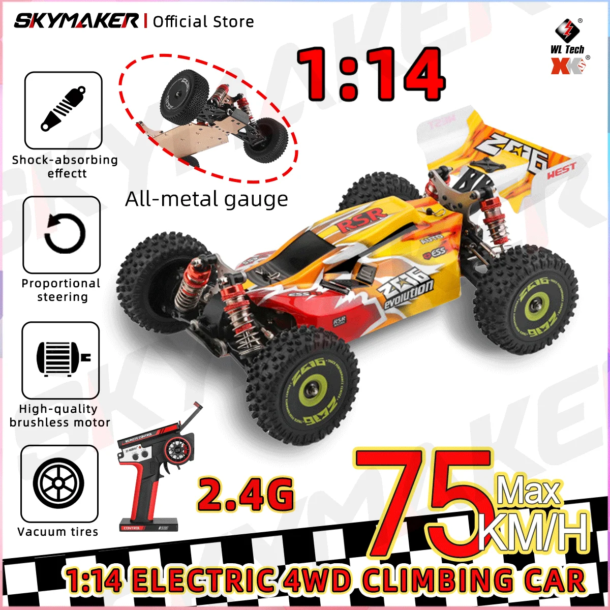 WLtoys RC 자동차 144010 V8 레이싱 1:14 2.4G 4WD 75km/h 전기 고속 브러시리스 오프로드 원격 제어 드리프트 장난감 선물