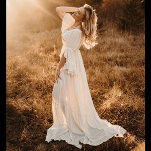 보호 임산부 원피스 편안한 린넨 코튼 원숄더 레이스 긴팔 원피스, 여성용 사진 원피스