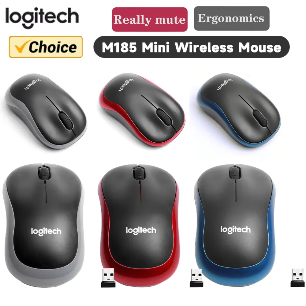 Logitech M185 미니 무선 마우스 1000DPI 무소음 광학 마우스 2.4GHz(USB 미니 수신기 포함) Windows용 휴대용 마우스 마우스