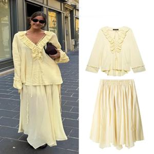 HH 우아한 여성용 쉬폰 하이웨이스트 롱 스커트 세트 연노랑색 브이넥 라미네이트 긴팔 셔츠 여성 스트리트 의류