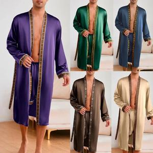 남성 얼음 실크 잠옷 2Pcs 가운 정장 남자 잠옷 여름 봄 기모노 Loungewear Peignoir Homme Nightwear 목욕 가운 가운