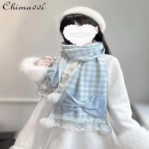 오리지널 일본 달콤한 소녀 진주 활 털실 스카프 겨울 새로운 공주 레이스 접합 니트 대량 생산 기질 스카프
