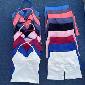 2피스 여성용 임팩트 요가 세트 심리스 롱라인 스트랩 탱크탑 스크런치 스포츠 반바지 짐 운동복 여성 여름 운동복