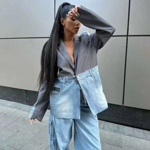SuperAen 가을 새로운 한국 스타일 패션 여성 데님 패치 워크 노치 싱글 버튼 디자인 정장 하이 스트리트 캐주얼 블레이저