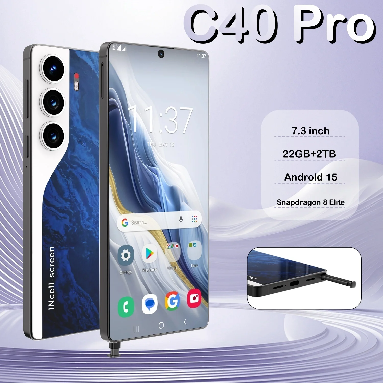 2025년 최신 C40 Pro 오리지널 인텔리전트 4G 5G 듀얼심 듀얼스탠바이 안드로이드 14 시스템 글로벌 버전 108MP 8000mAh 배터리