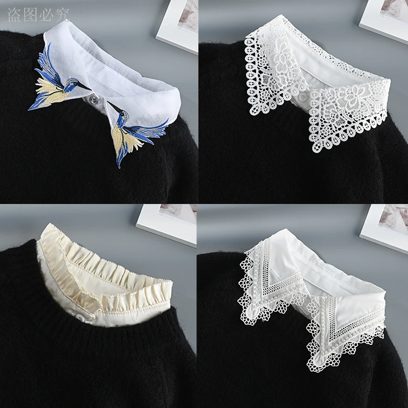 새로운 디자인 셔츠 라펠 가짜 칼라 여성용 속이 빈 꽃 버튼 하프 셔츠 탈부착 가능한 칼라 탈착식 넥웨어 가짜 넥타이