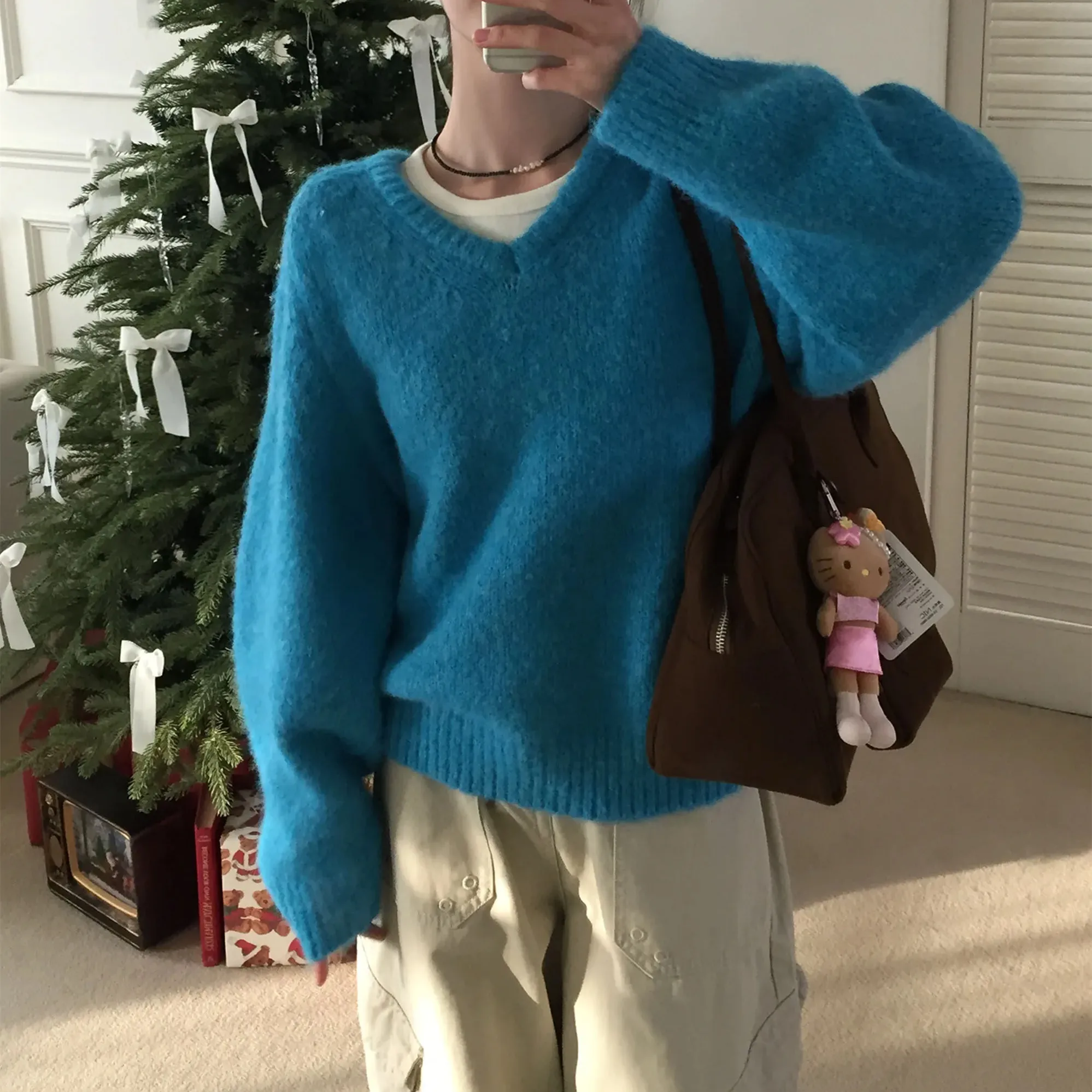 여성 니트 스웨터 브이넥 루즈 캐주얼 두꺼운 기본 셔츠 가을 겨울 한국 스타일 부드러운 레트로 스타일 긴팔 탑