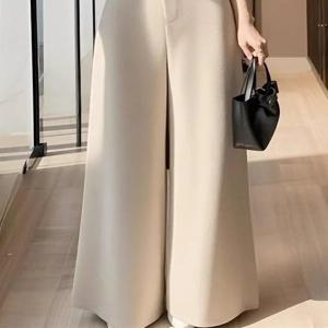 하이웨이스트 슬림핏 와이드 팬츠 여성용 루즈핏 캐주얼 비즈니스 스타일 포켓 손수건 봄 가을