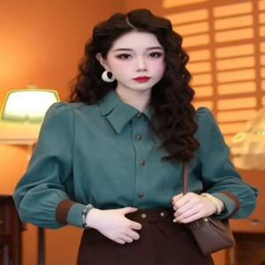 우아한 디자인 긴 소매 여성 셔츠 이너웨어 빈티지 포켓 손수건 비즈니스 스타일 가을 신상품