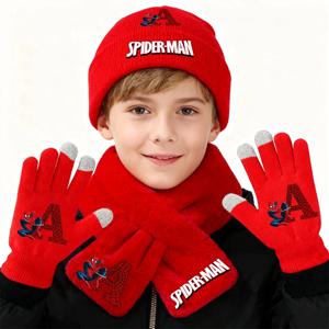 마블 스파이더맨 니트 모자 스카프 장갑 3종 세트 남아용 귀여운 겨울 방한 넥커치프 스크린 장갑 어린이 선물