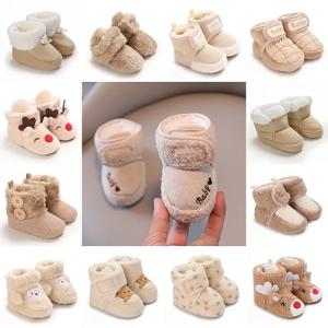 겨울 아기 여자아이용 두꺼운 스노우 부츠 카키색 플러시 귀여운 털 안감 면화 신발 0-18개월 따뜻한 미끄럼 방지 편안한 아기 걸음마 신발