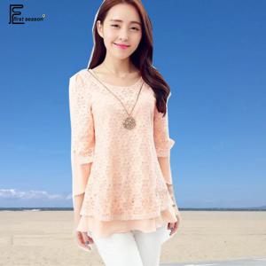 여성용 2019 튜닉 상의, 귀여운 핑크 레이스 블라우스 셔츠, 패치워크, 우아한 백 보우 상의, 할로우 아웃 핑크 플로럴 레이스 블라우스, 여름