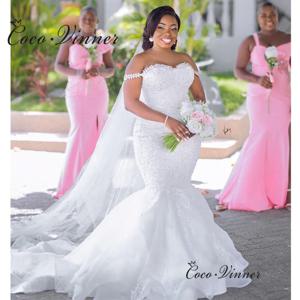 맞춤형 크리스탈 비즈 레이스 인어 웨딩 드레스, 오프 숄더 레이스 업 백 플러스 사이즈, 아프리카 W0821 용 화이트 웨딩 원피스