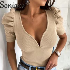 여성 슬림 핏 버블 반팔 블라우스, 우아한 통근자, 단색 딥 브이넥 셔츠, 여름 캐주얼 상의, 스위트 스타일