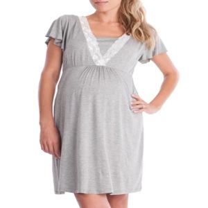 원피스 브이넥 신축성 레이스 파자마 롱 원피스, 트렌디하고 섹시한 모유 수유, 단색 임산부, 신상