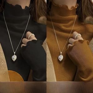 여성용 긴팔 하프 하이 칼라 티셔츠 따뜻한 이너웨어 학생용 골지 베이스 셔츠 우드 엣지 가을 겨울 패션