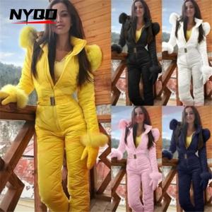 Ashion 겨울 여성 후드 점프 슈트 파카 코튼 패딩 따뜻한 새시 스키 복 스트레이트 지퍼 원피스 캐주얼 트랙 슈트