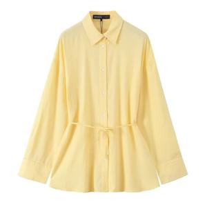 여성 오버 사이즈 셔츠 (벨트 포함) 봄 캐주얼 리넨 블렌드 긴 소매 단순 여성 셔츠 여성용 버튼 셔츠 & 블라우스