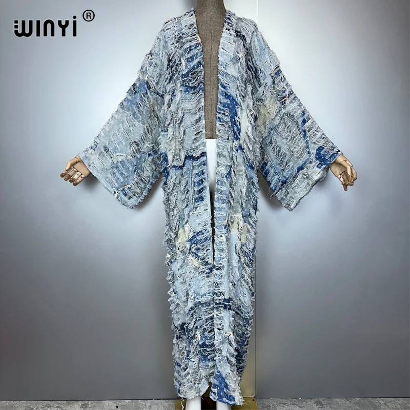 WINYI 아프리카 프린트 여성용 기모노 패션 속이 비치는 데님 롱 다운 코트 수영복 커버업 빈티지 홀 카우보이 가디건