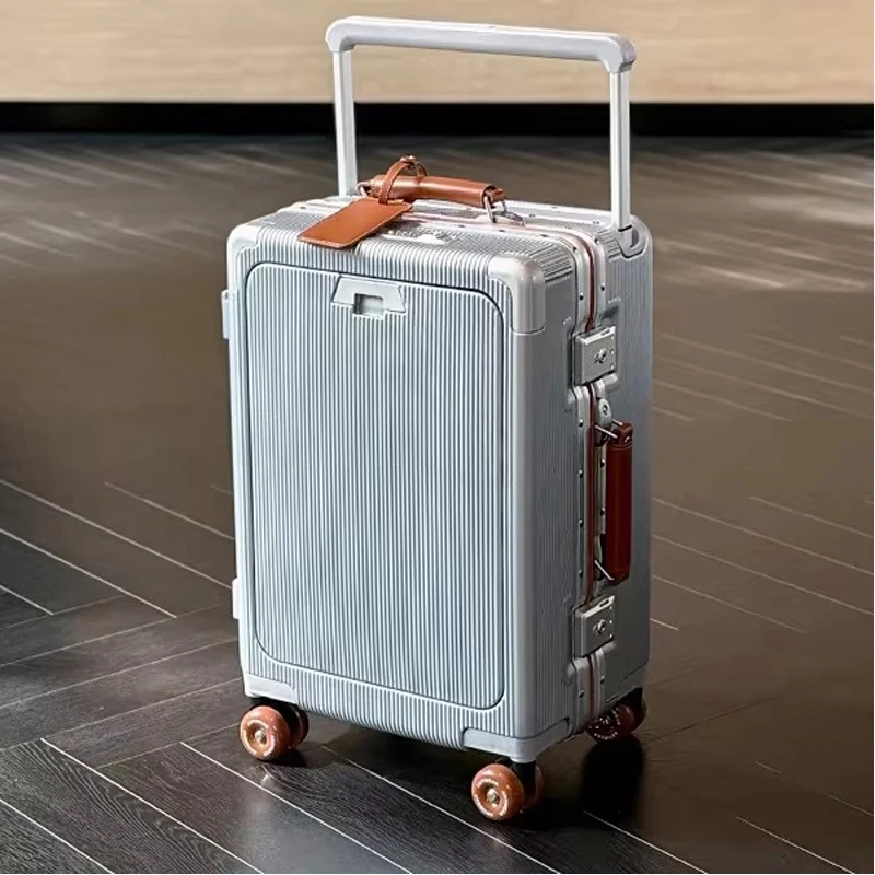 고품질 알루미늄 프론트 오픈형 캐리어, 넓은 손잡이, 노트북 및 USB 충전 포트 포함 기내용 여행 가방