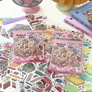 귀엽고 재미있는 캐빈 3D 귀여운 상점 풍경 스티커북 DIY 포켓 캐빈 장면 축제 선물 ﻿