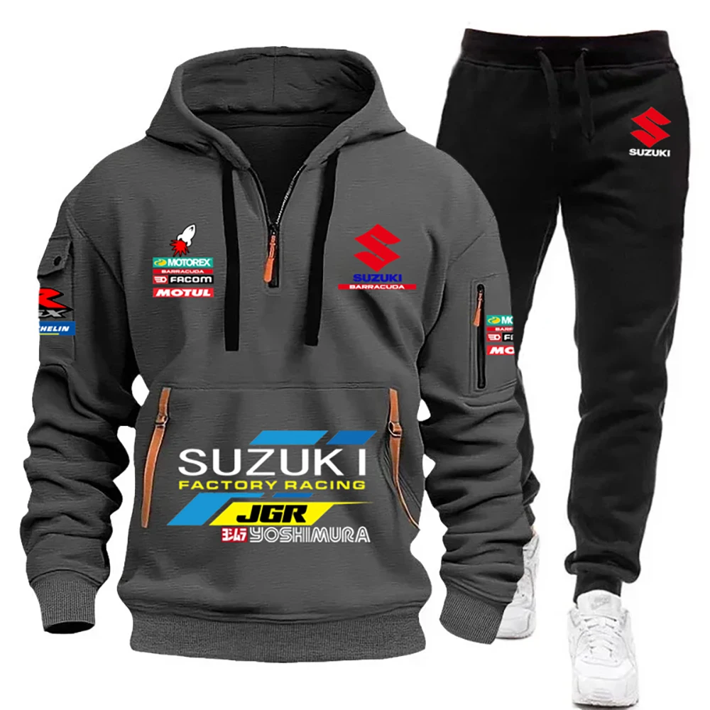 2025 스즈키 남성용 후드티, 하프 지퍼 멀티 포켓 스웨트셔츠 + 스웨트팬츠 투피스 사이클링, 러닝 및 오토바이 스포츠웨어