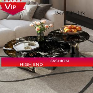PP X 이탈리아 럭셔리 대리석 커피 테이블 블랙 로즈 골드 원형 2025 와비사비 거실 세트 미니멀리스트 모던 센터 테이블 데코