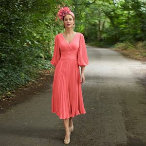 핑크 쉬폰 웨딩 하객 원피스, 신부 가운 어머니 웨딩, V넥 퍼프 소매, 미디 파티, 2023 A 라인